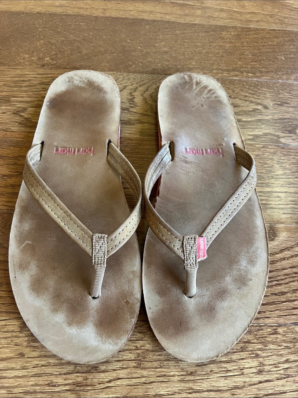 Women's Tan Suede Thong Sandals with Pink Logo Tab